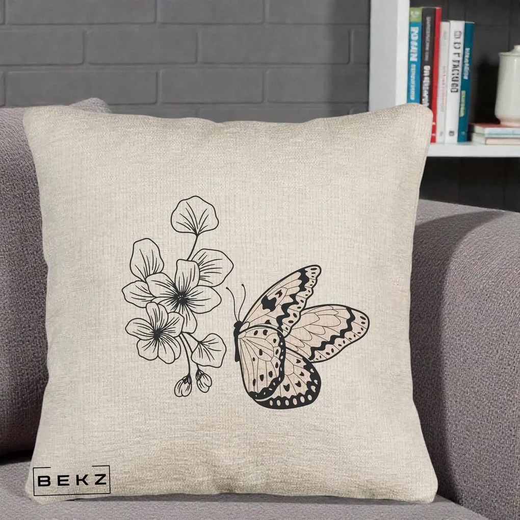 Perna Decorativa Fluture si Flori Linie Monocroma, 40x40 cm, Bej Canapea, Husa Detasabila, Perna Inclusa, BEKZ®