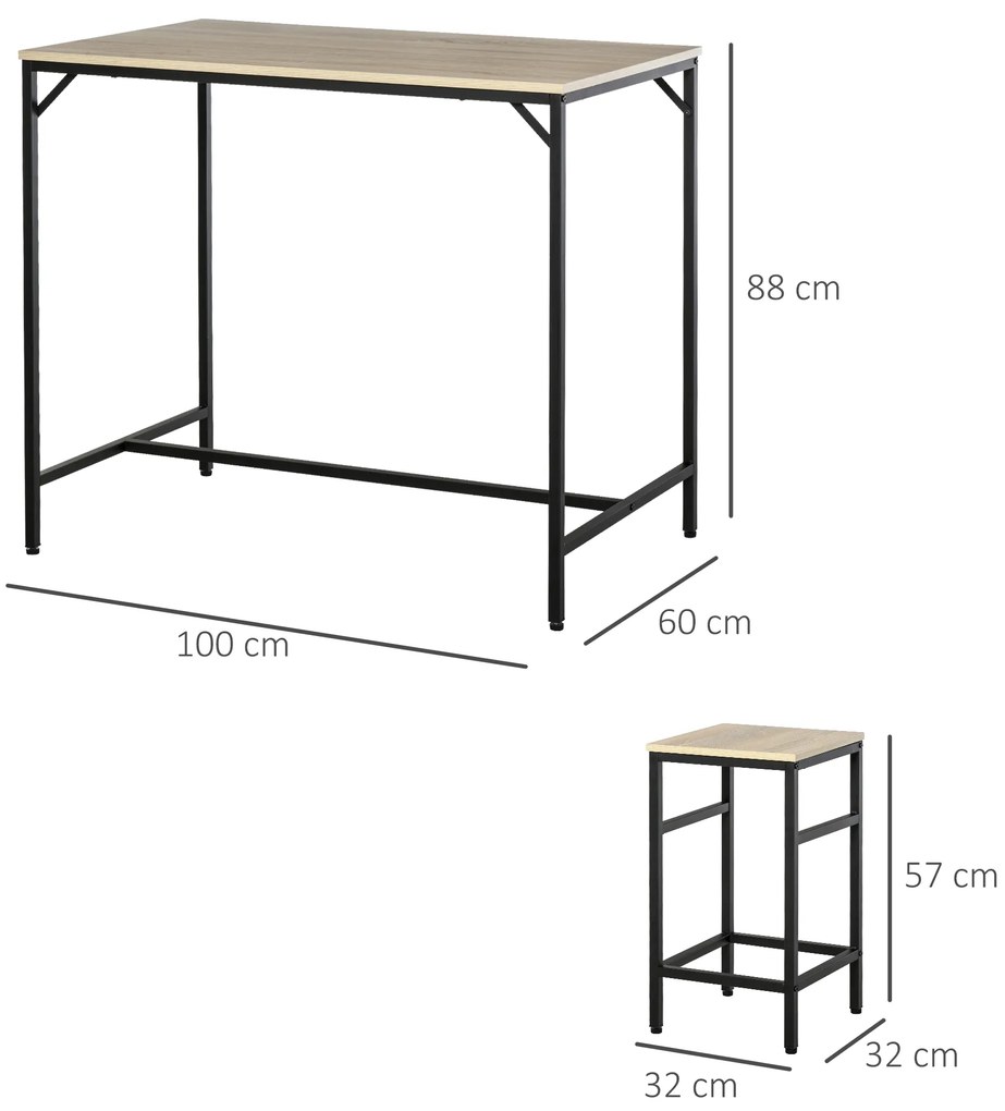 Set Masă Înaltă cu 4 Scaune HOMCOM în Stil Industrial, Metal și Lemn, Stejar Deschis, Perfect pentru Dining | Aosom România