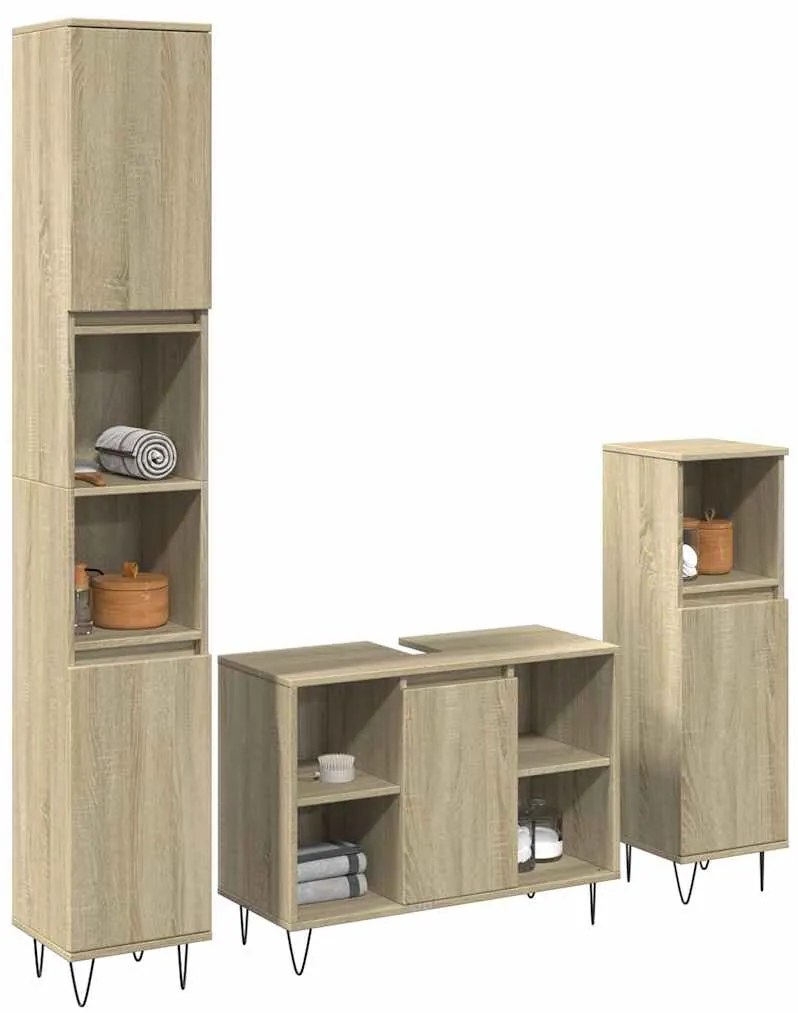 vidaXL Set mobilier de baie, 3 piese, stejar sonoma, lemn prelucrat