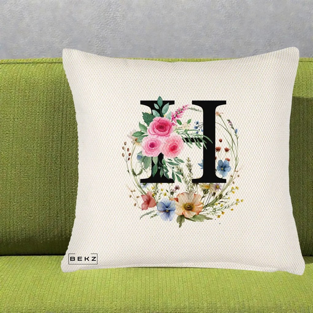 Cadou Personalizat - Perna Personalizata Monogram Litera H cu Flori Acuarela, 40x40 cm, Crem Reliefat, Husa Detasabila, Perna Inclusa, BEKZ®