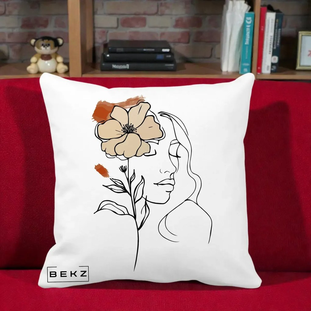 Perna Decorativa Portret Feminin Floare Bej Terracotta, 40x40 cm, Alba Mata, Husa Detasabila, Perna Inclusa, BEKZ®
