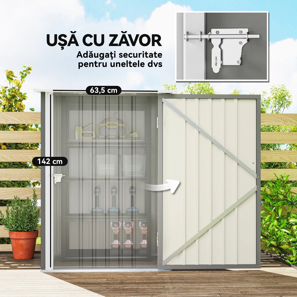 Outsunny Căsuță de Grădină 0.92m² din Oțel Galvanizat, Capann pentru Unelte cu Ușă Blocabilă, Acoperiș Înclinat, 100x104x160 cm, Gri | Aosom Romania