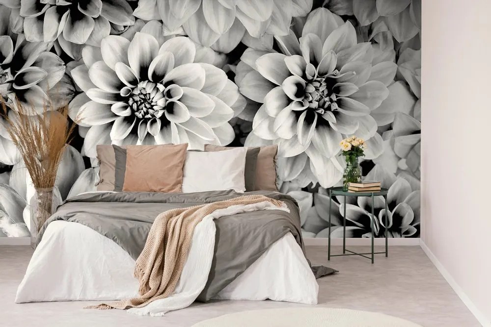 Fototapet flori de dalia în design alb-negru