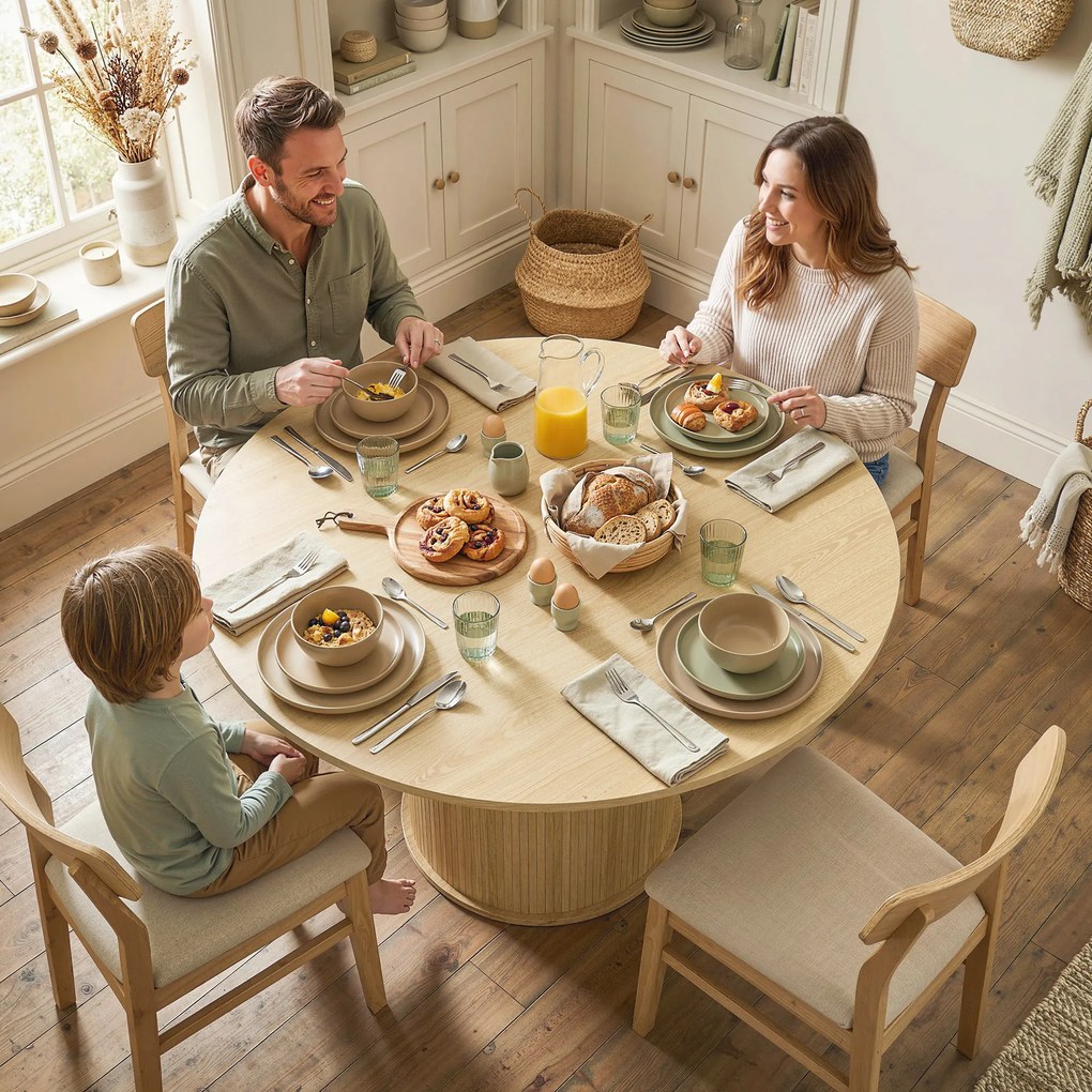 HOMCOM Masă de dining rotundă pentru 5 persoane, Ø 120 x 76 cm, masă de bucătărie cu bază cilindrică canelată, lemn natural | Aosom Romania