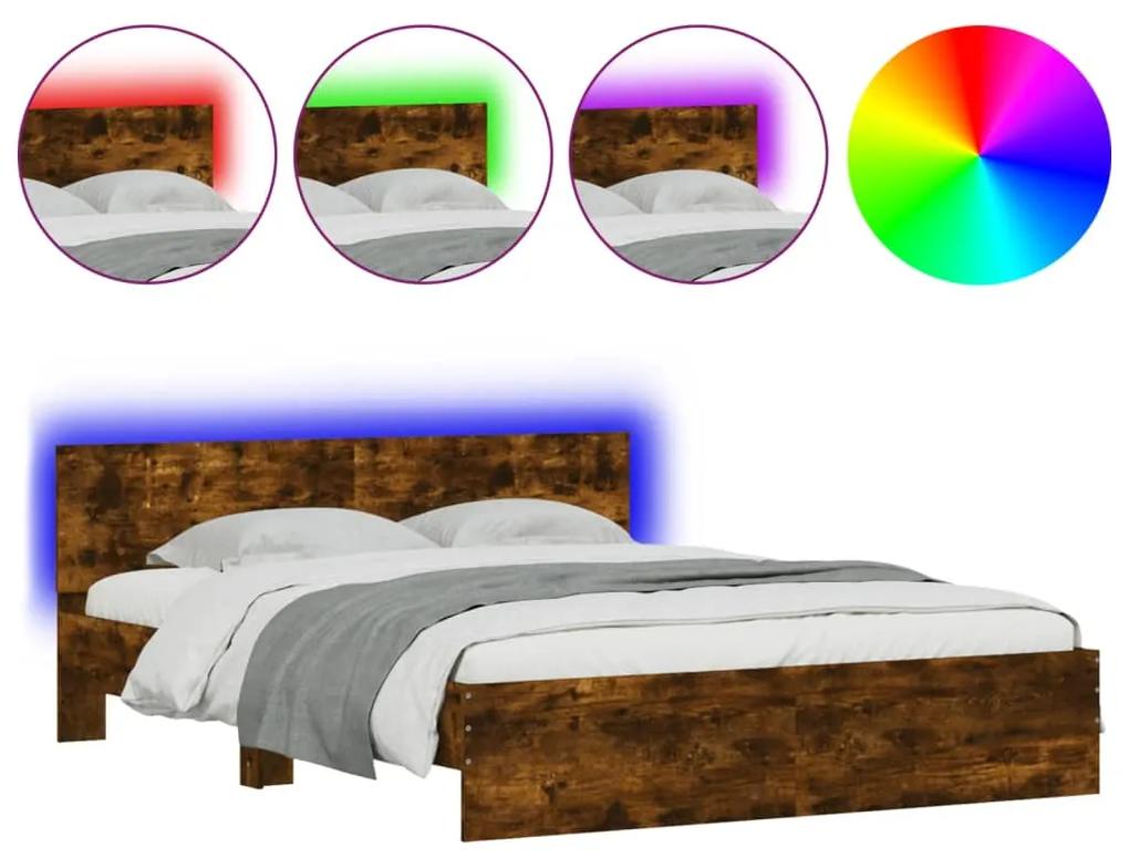3207599 vidaXL Cadru de pat cu tăblie și LED, stejar fumuriu, 160x200 cm