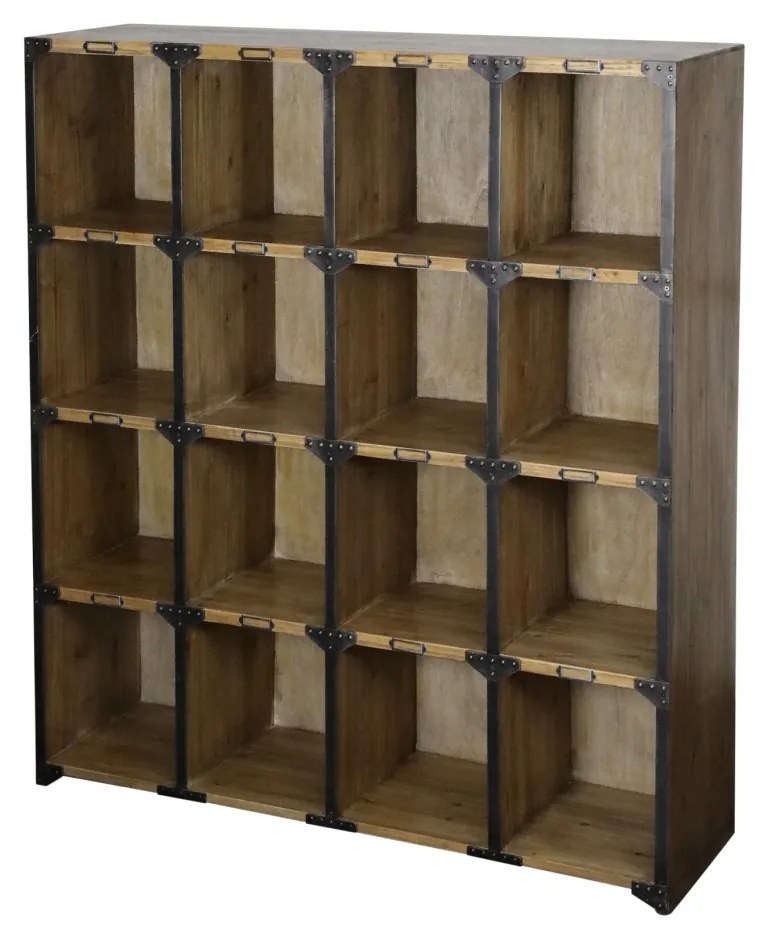 Etajeră cu 15 compartimente, din lemn de pin și metal, aspect vintage, H116 x L100 x A30 cm