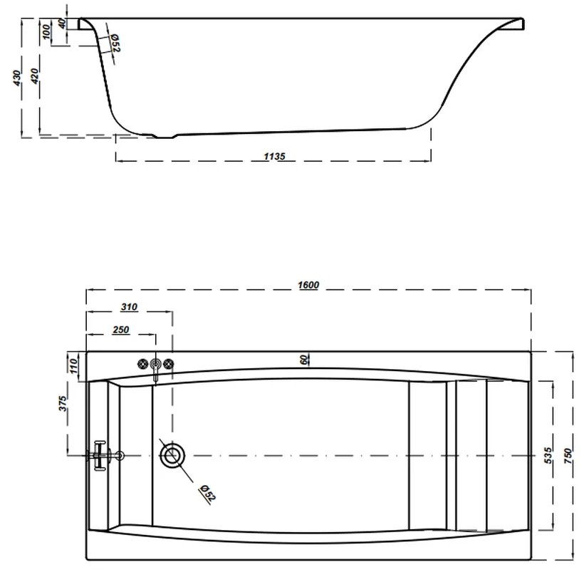 Cada baie incastrata Cersanit Virgo, 160 x 75 cm, dreptunghiulara, alb lucios 1600x750 mm