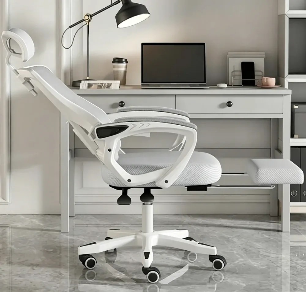 Scaun ergonomic cu suport lombar, pivotant 360°, tetieră reglabilă, suport pentru picioare, Mesh, Alb/Gri