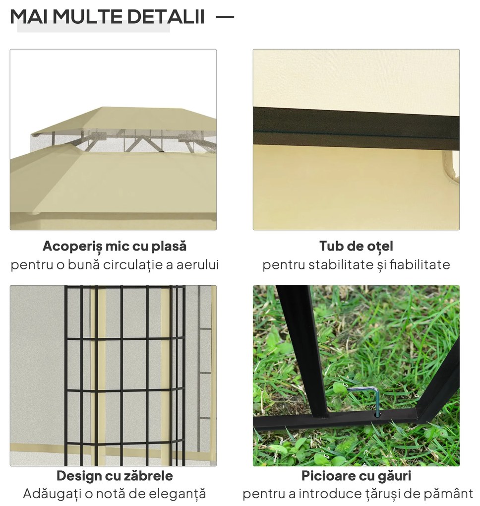 Outsunny Foisor de Gradina 3.65x3m,pavilion gradina cu Plasa, din Poliester si Metal, Negru, Bej | Aosom Romania