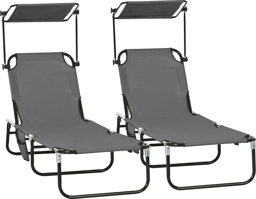Outsunny Set 2 șezlonguri pliante cu parasolar, spătar reglabil în 5 trepte, Gri închis | Aosom Romania