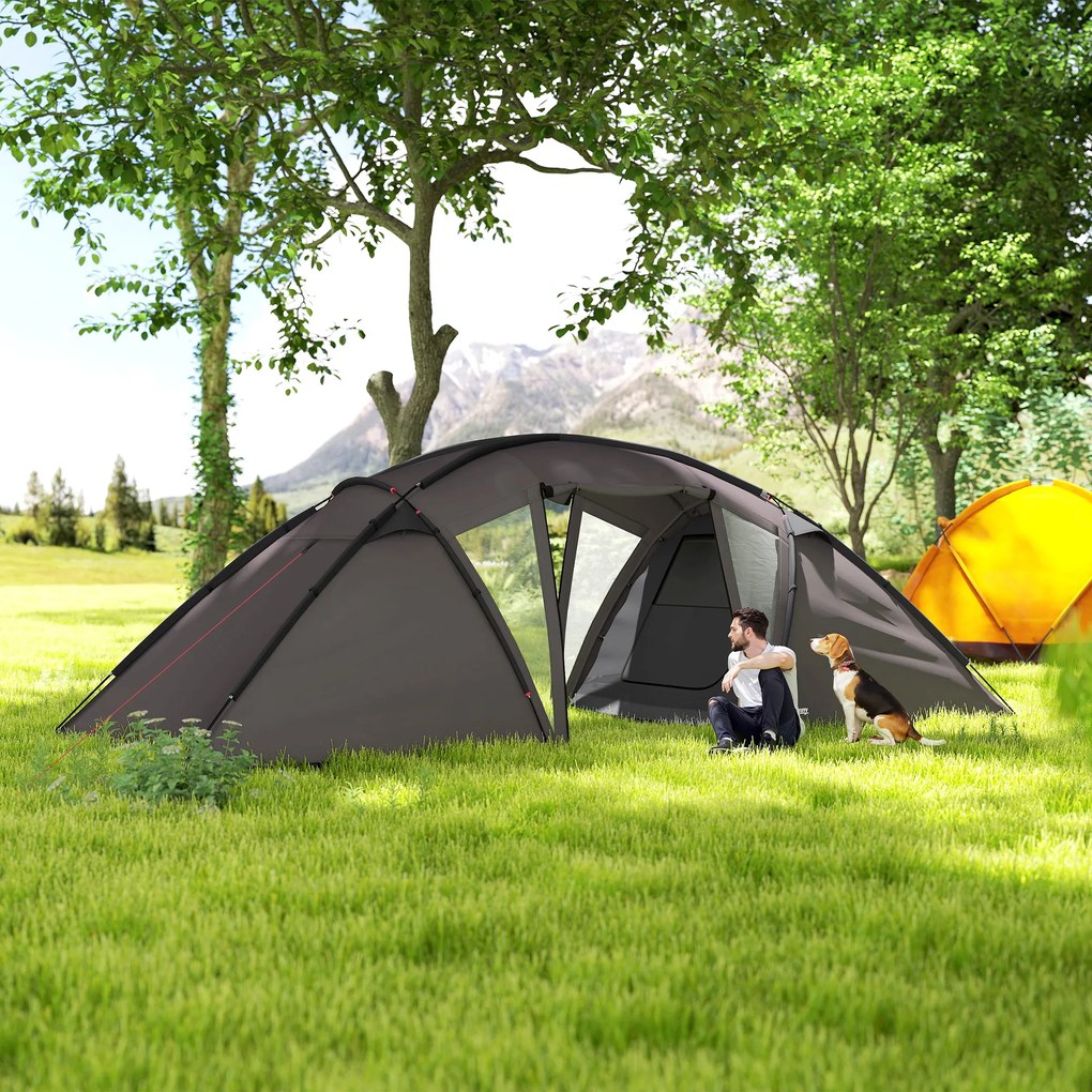 Outsunny Cort de camping familial pentru 4-6 persoane, cort tunel impermeabil 3000 mm cu 2 uși, sac de transport, negru | Aosom Romania
