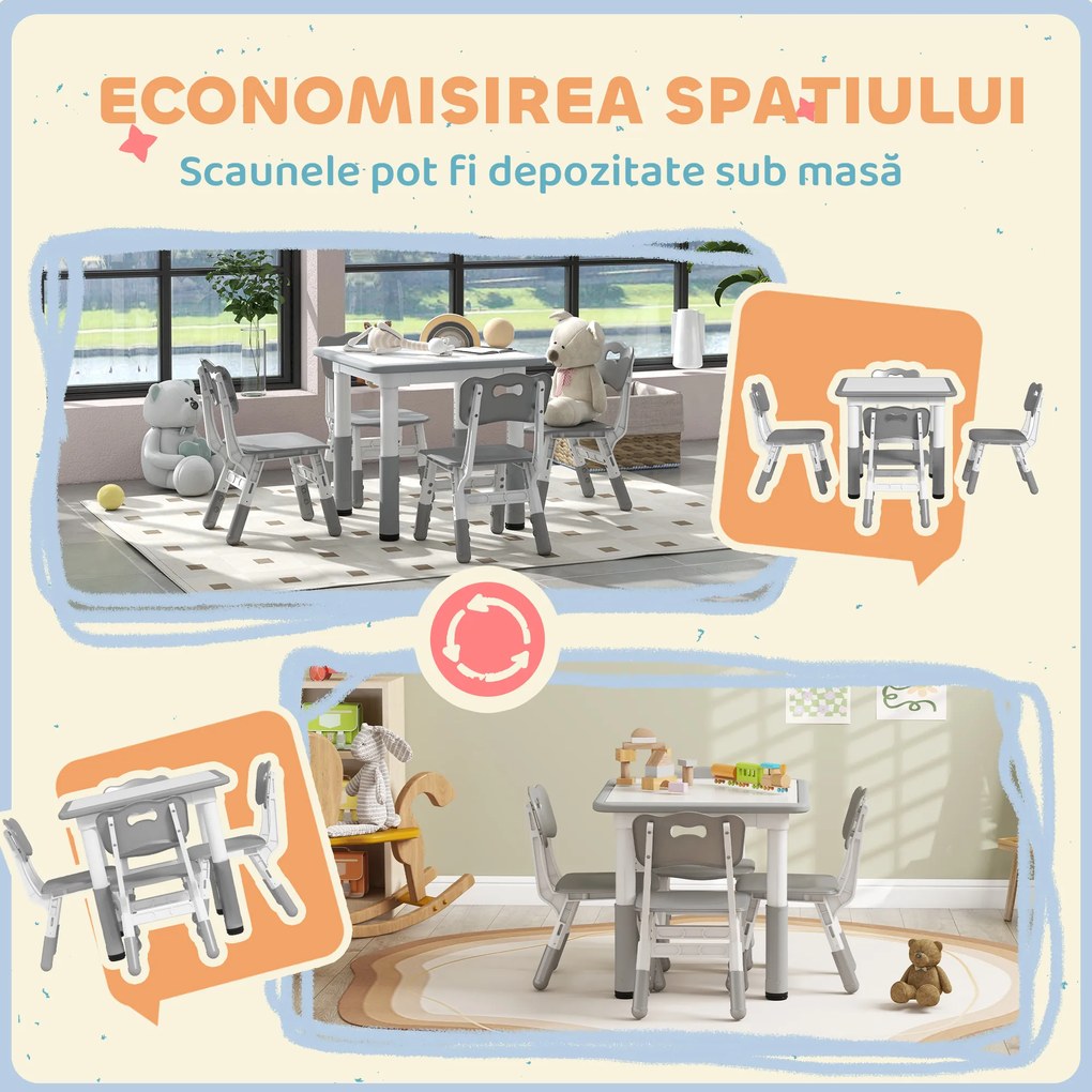 AIYAPLAY Set Masă și Scaune pentru copii 18-60 Luni cu Înălțime Reglabilă și Tablă de Scris, 60x60x46-58 cm, Gri | Aosom Romania