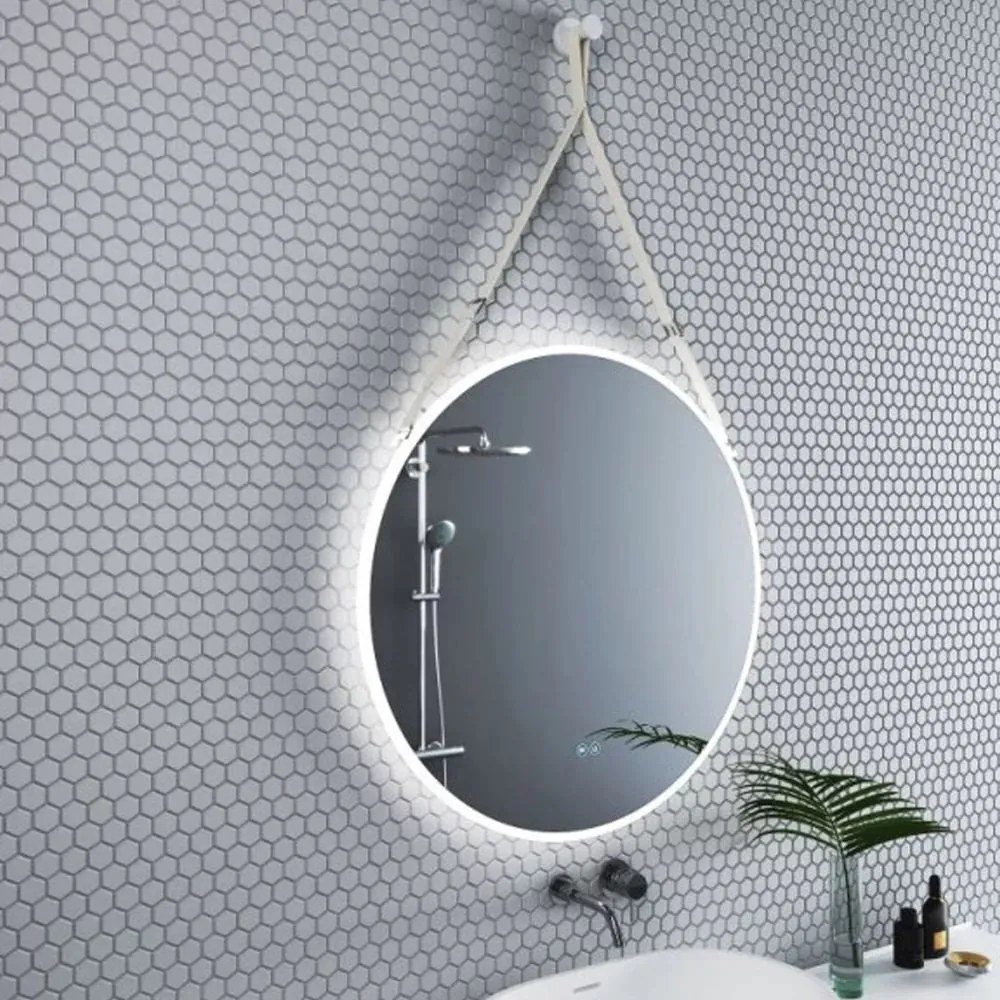 Oglinda cu iluminare si dezaburire Inter Ceramic forma rotunda 80 cm curea alba