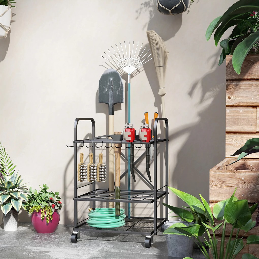Outsunny Organizator de unelte de grădină, suport pentru unelte de grădină cu 40 compartimente pe 2 niveluri cu roți 57 x 48 x 70 cm negru | Aosom Romania