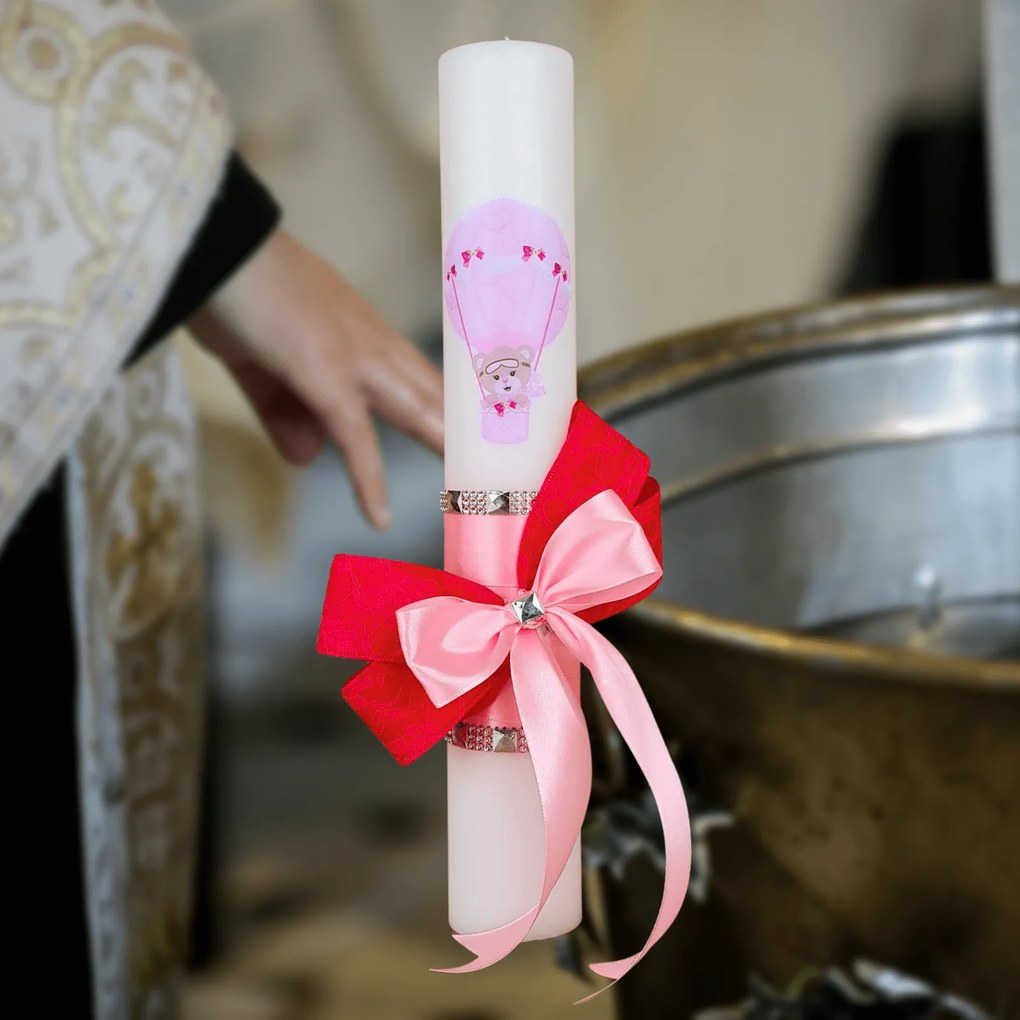 Lumanare botez decorata Balon roz 4,5 cm, 30 cm