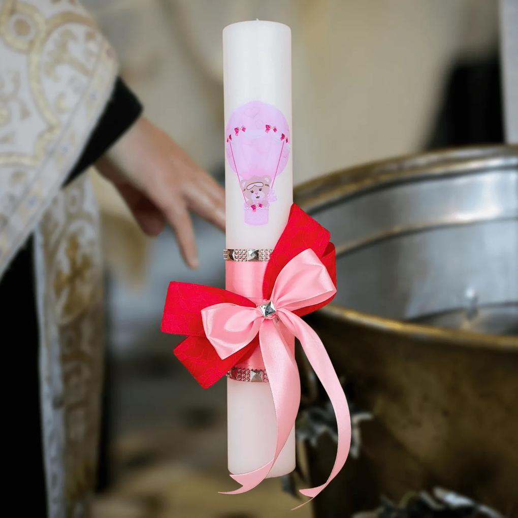 Lumanare botez decorata Balon roz 5,5 cm, 40 cm