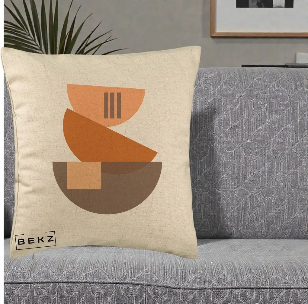 Perna Decorativa Geometric Bauhaus Boluri Portocaliu, 40x40 cm, Bej, Husa Detasabila, Perna Inclusa, BEKZ®
