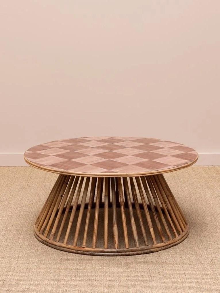 Masuta de cafea din rattan si blat ceramic roz, "Chandra"