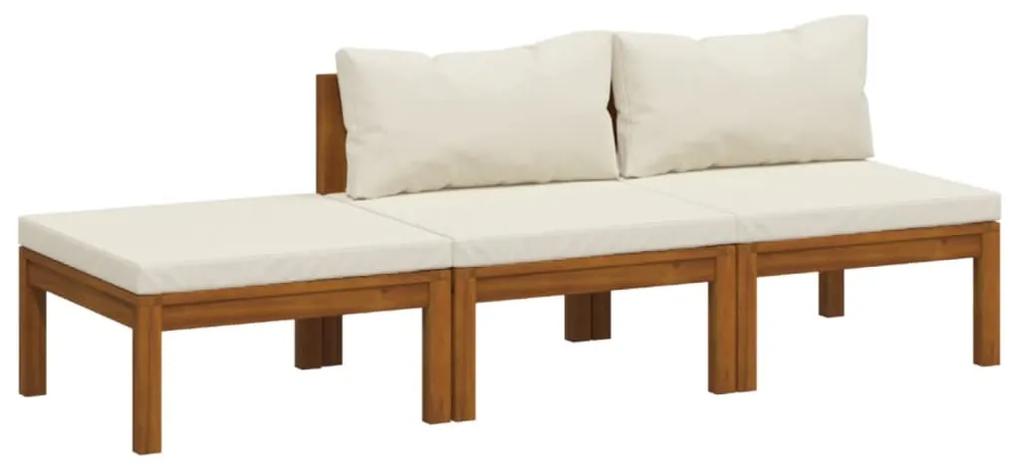 Set mobilier gradina cu perne crem, 3 piese, lemn masiv acacia Crem, 2x mijloc + suport pentru picioare, 1