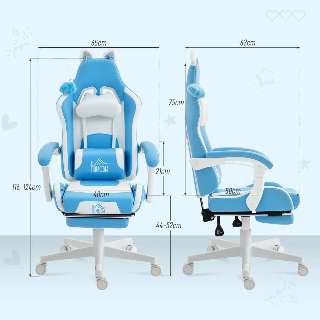HOMCOM Scaun de gaming reclinabil cu suport pentru picioare și perne, 65x62x124 cm, alb și albastru | Aosom Romania