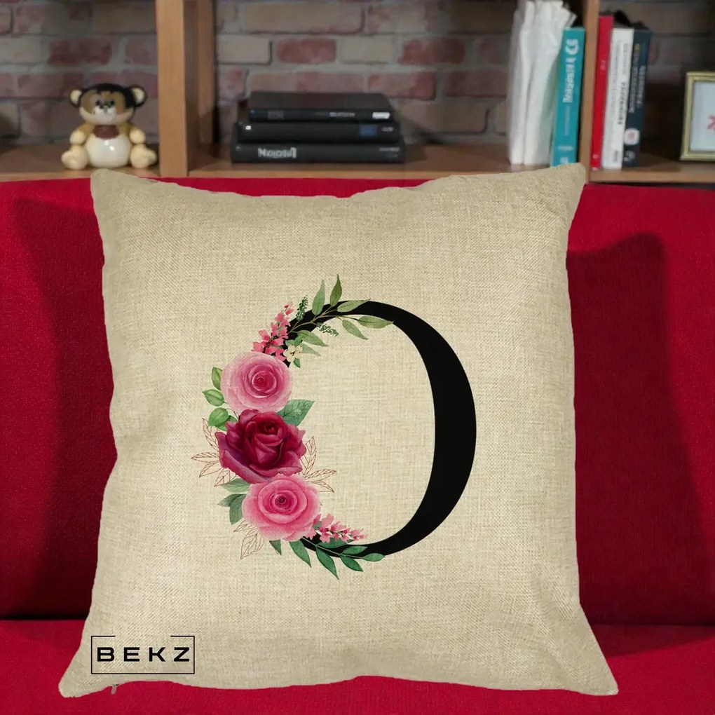 Cadou Personalizat - Perna Personalizata Monograma Florala Litera O, 40x40 cm, Crem, Husa Detasabila, Perna Inclusa, BEKZ®