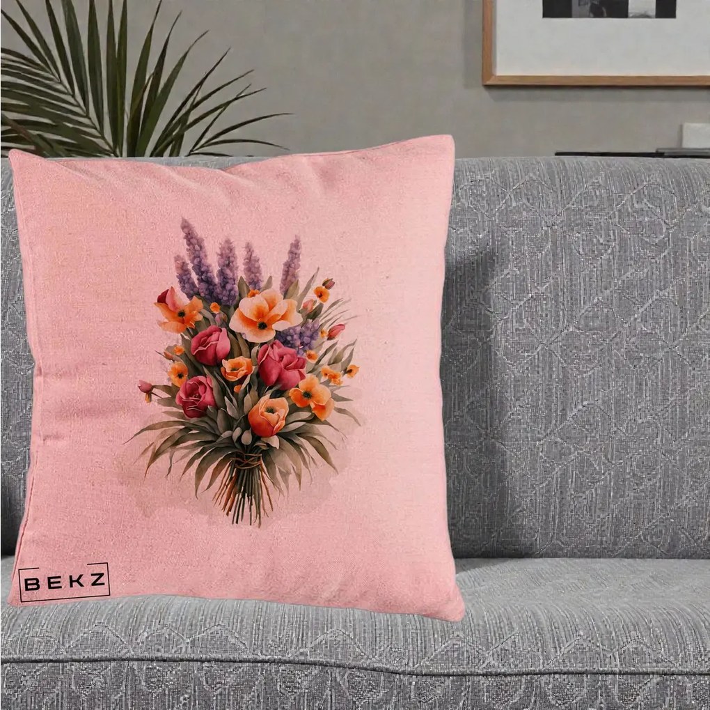 Perna Decorativa Buchet Mixt Acuarela Lavanda-Trandafiri, 40x40 cm, Roz, Husa Detasabila, Perna Inclusa, BEKZ®