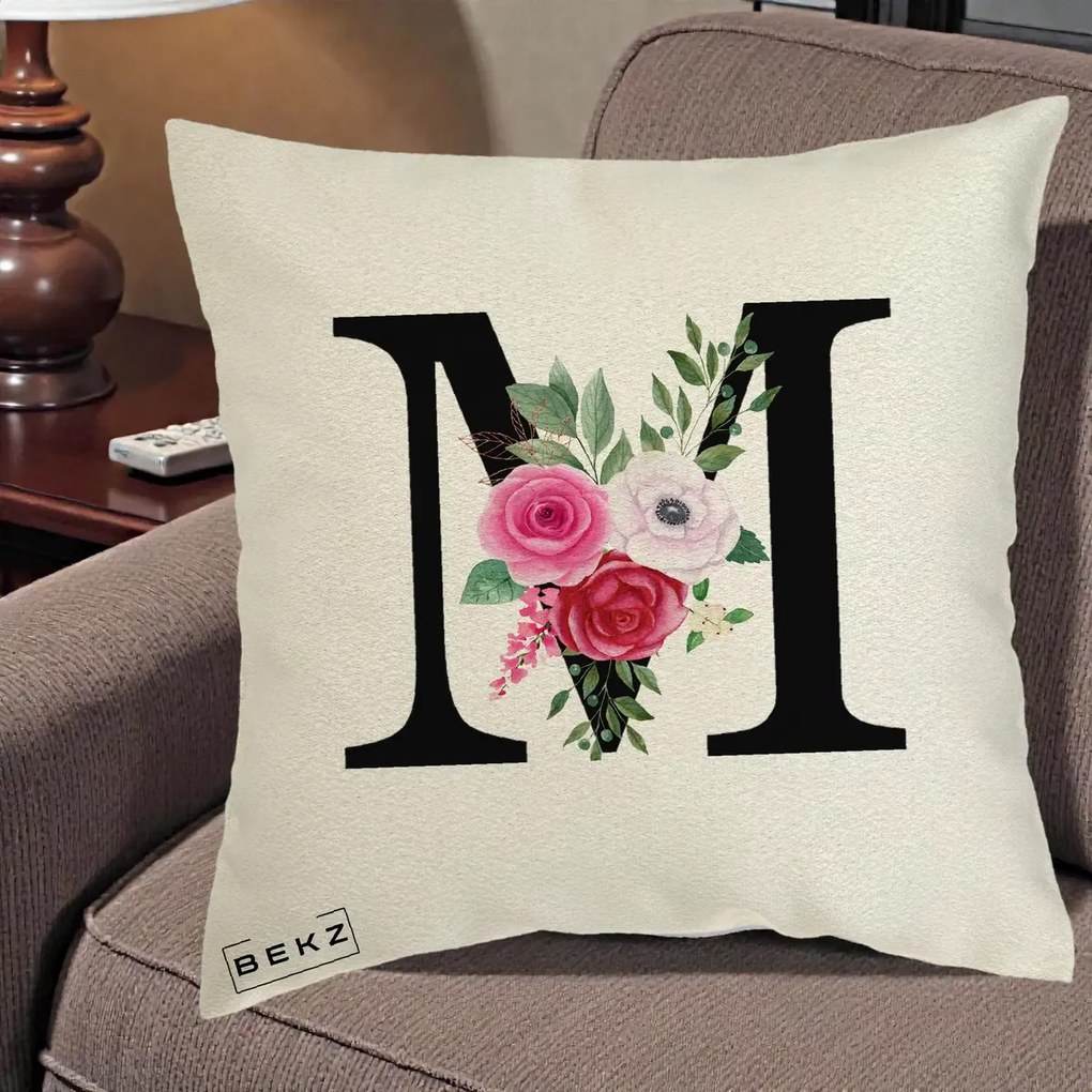 Cadou Personalizat - Perna Personalizata Monograma Florala Litera M cu Trandafiri si Anemona, 40x40 cm, Ecru, Husa Detasabila, Perna Inclusa, BEKZ®