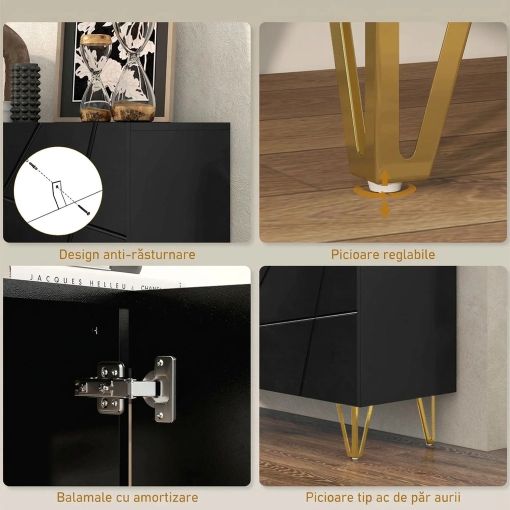 HOMCOM Dulap de Depozitare cu 2 Dulapuri și Raft Reglabil pe 3 Niveluri, Bufet Modern din PAL și Metal, 120x40x75 cm, Negru și Auriu | Aosom Romania