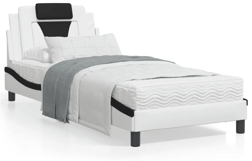 3208074 vidaXL Cadru de pat cu tăblie, alb și negru, 90x200 cm piele ecologică