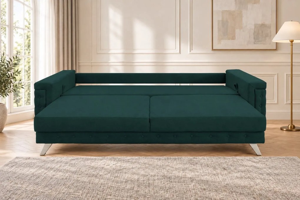Canapea extensibilă Rosalia din stofă, verde, picioare argintii, cu ladă de depozitare