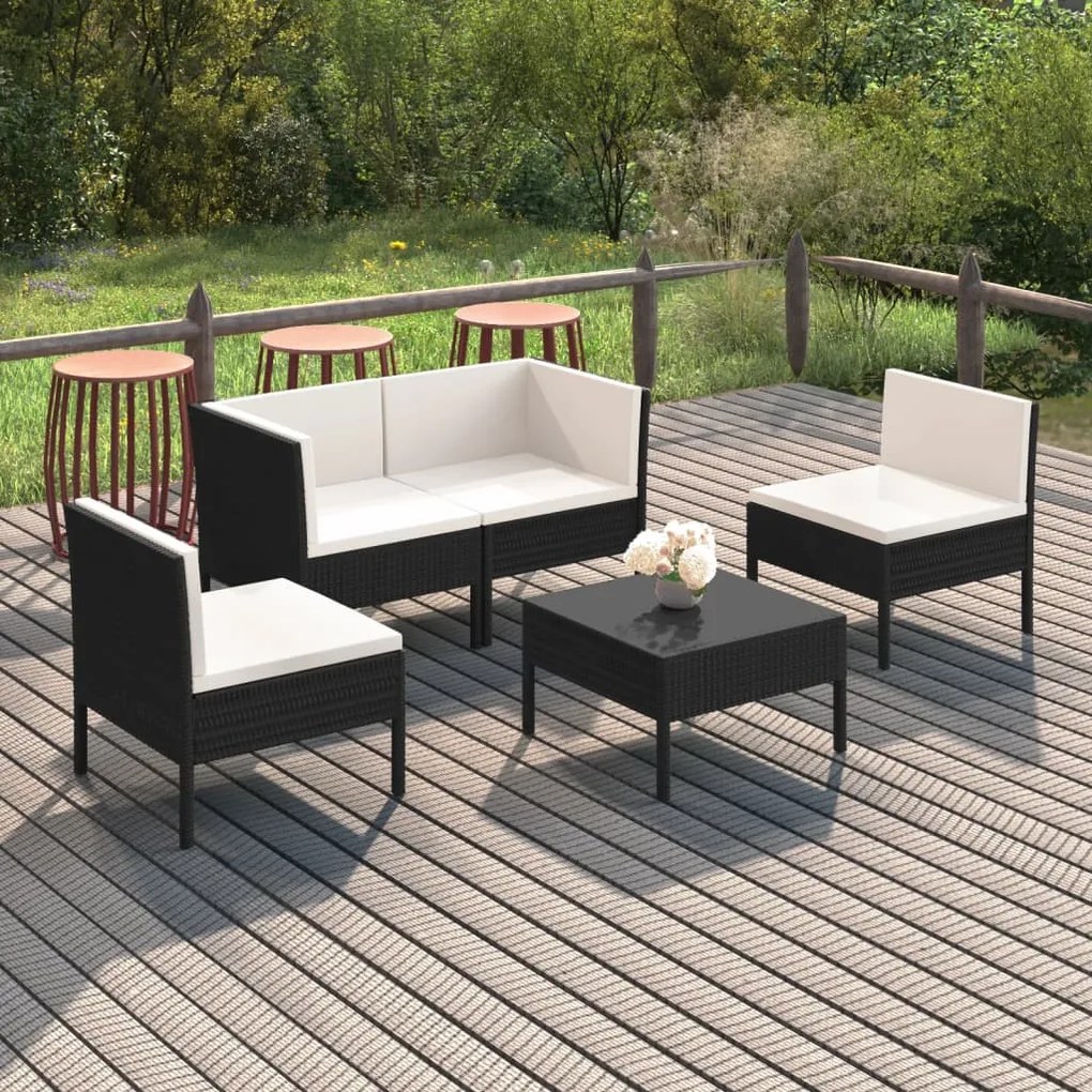 3094340 vidaXL Set mobilier de grădină cu perne, 5 piese, negru, poliratan