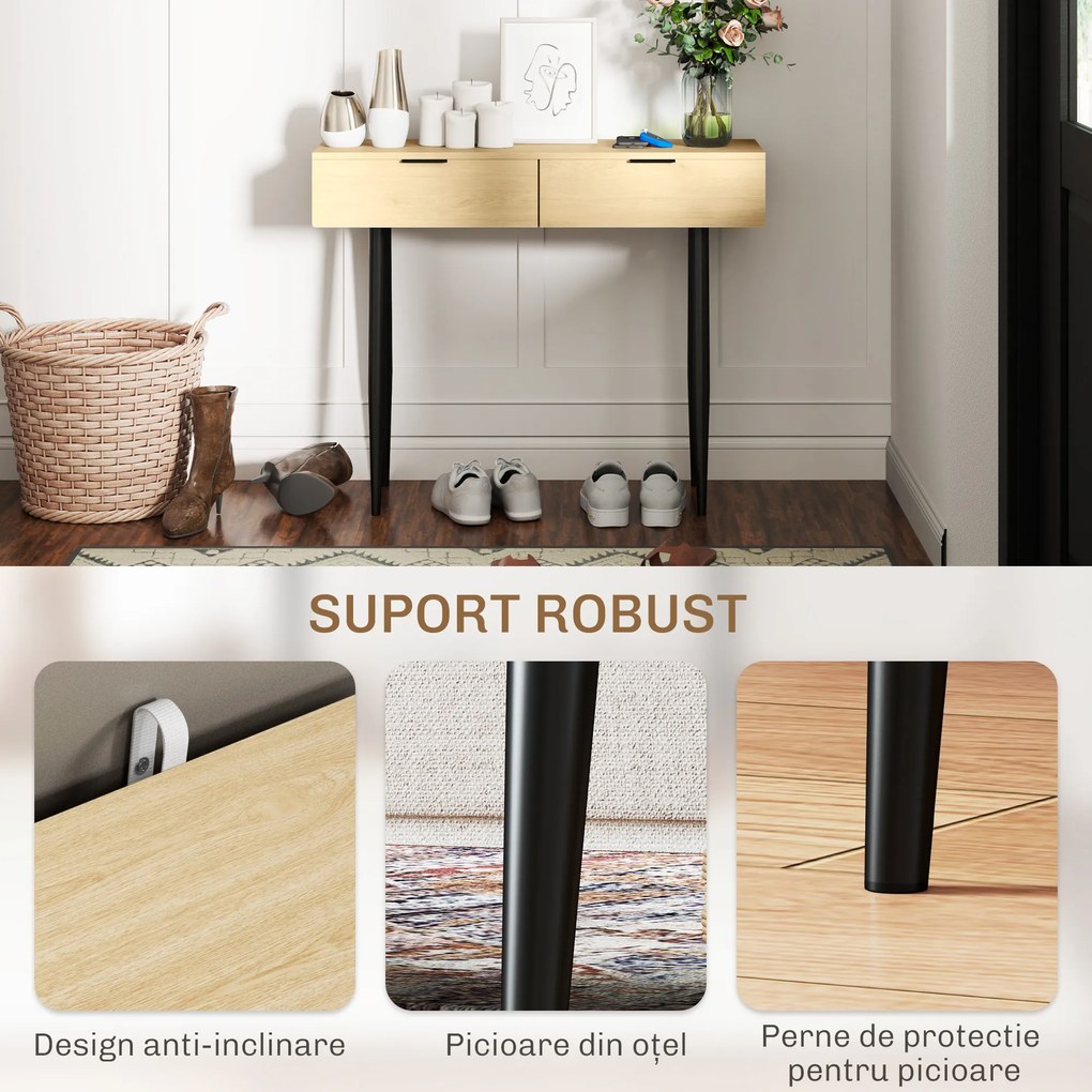HOMCOM Consolă cu 2 Sertare, cu o finisare din lemn de stejar, Picioare are un dispozitiv anti-răsturnarel, 100x30x80,5 cm, Natural | Aosom Romania