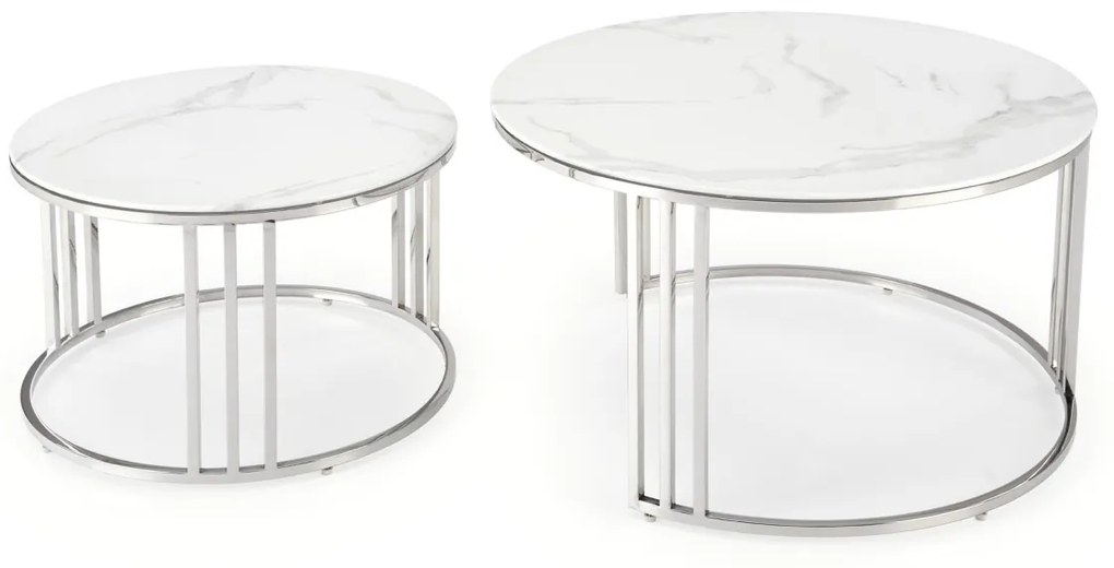 Set 2 mese de cafea Mercury 2 marmura alba/argintiu