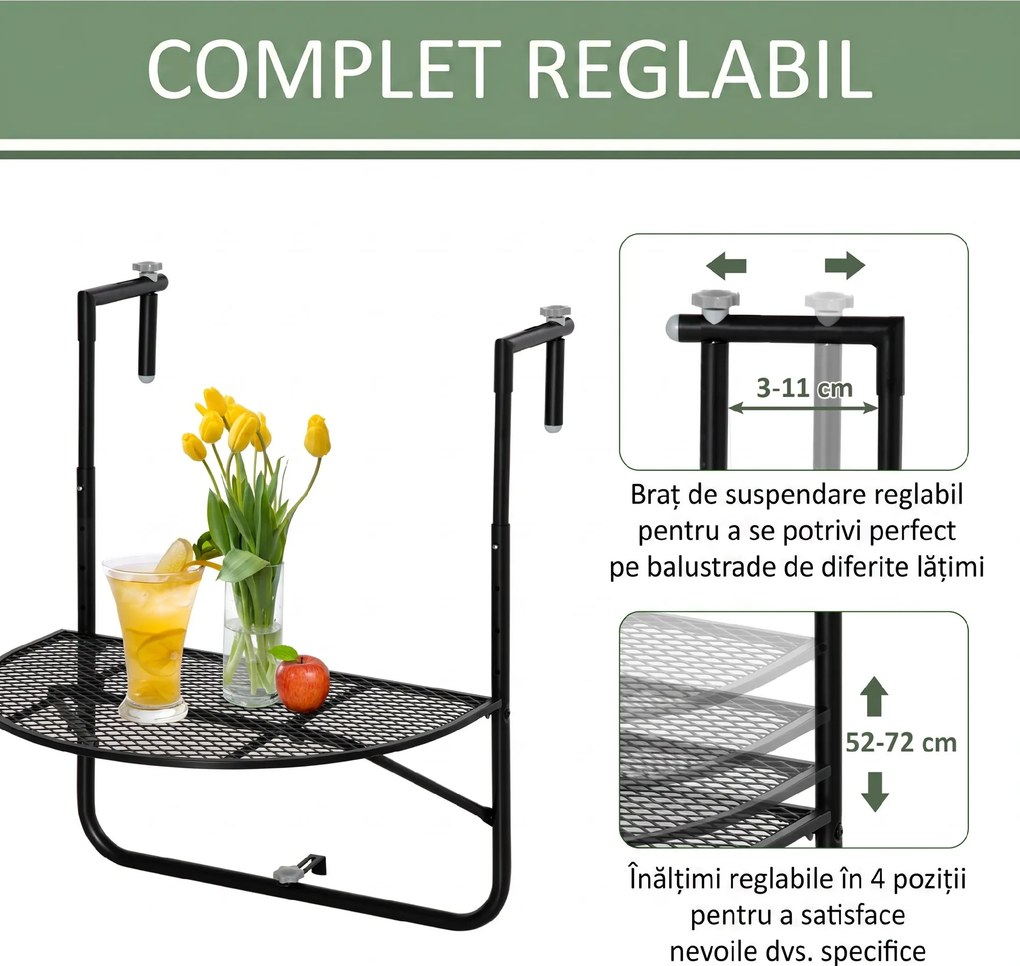 Outsunny Masă de Balcon Suspendată, Măsuță Metalică Pliabilă, Ideală pentru Spații Mici, Neagră | Aosom Romania