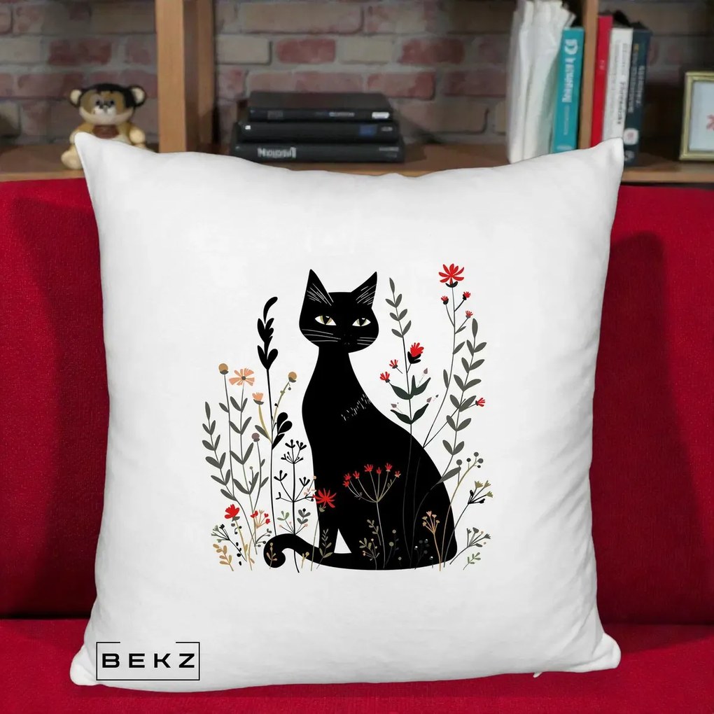 Perna Decorativa Pisica Neagra Botanica Rosu-Gri, 40x40 cm, Alb Pufos, Husa Detasabila, Perna Inclusa, BEKZ®