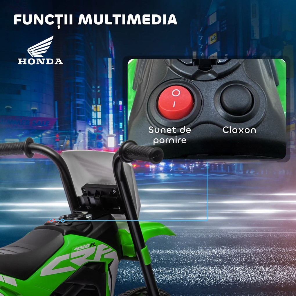 HOMCOM Motocicletă Electrică pentru Copii 6V Honda CRF450RL Licențiată Verde 3 Roți 18-36 Luni | Aosom Romania