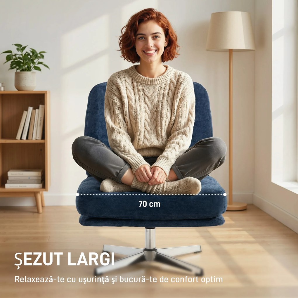HOMCOM Fotoliu de Living Pivotant Îmbrăcat în Chenilă cu Șezut Lat, Fotoliu Modern pentru Dormitor cu Picioare Metalice, Albastru Închis | Aosom Romania