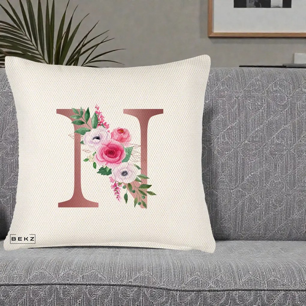 Cadou Personalizat - Perna Personalizata Monograma Rose Gold Litera N, 40x40 cm, Crem Reliefat, Husa Detasabila, Perna Inclusa, BEKZ®