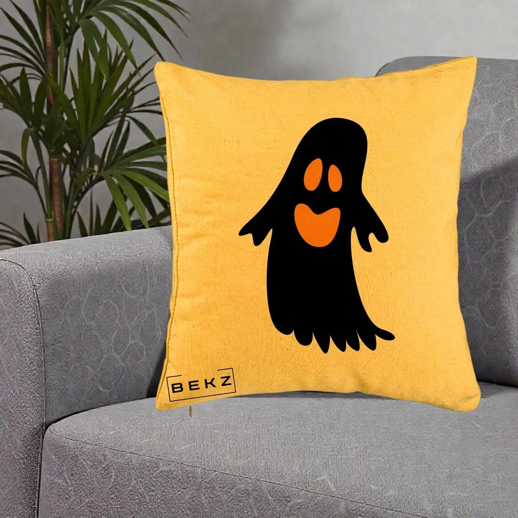 Perna Decorativa Halloween Fantoma Neagra cu Ochi Portocalii, 40x40 cm, Galben, Husa Detasabila, Perna Inclusa, BEKZ®