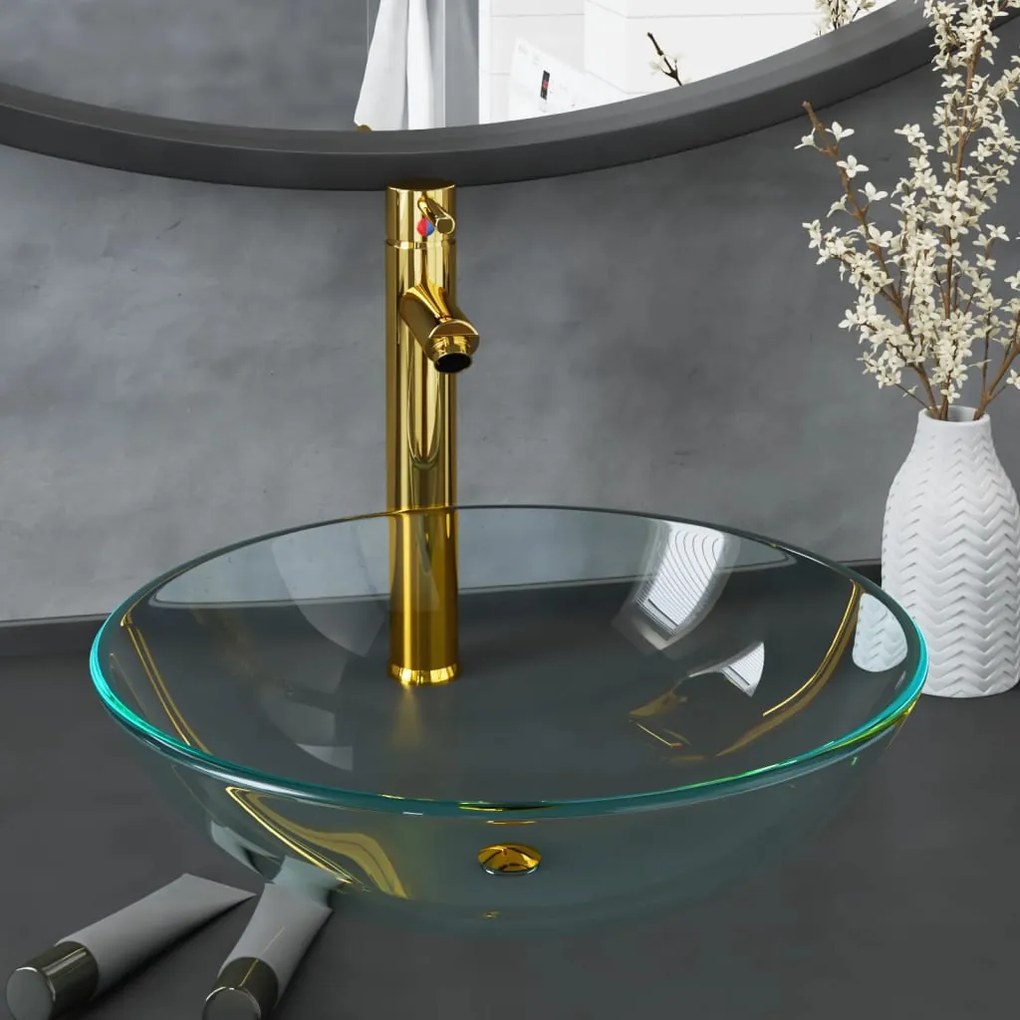 Chiuveta baie robinet si scurgere tip push, transparent sticla Transparent, Robinet auriu
