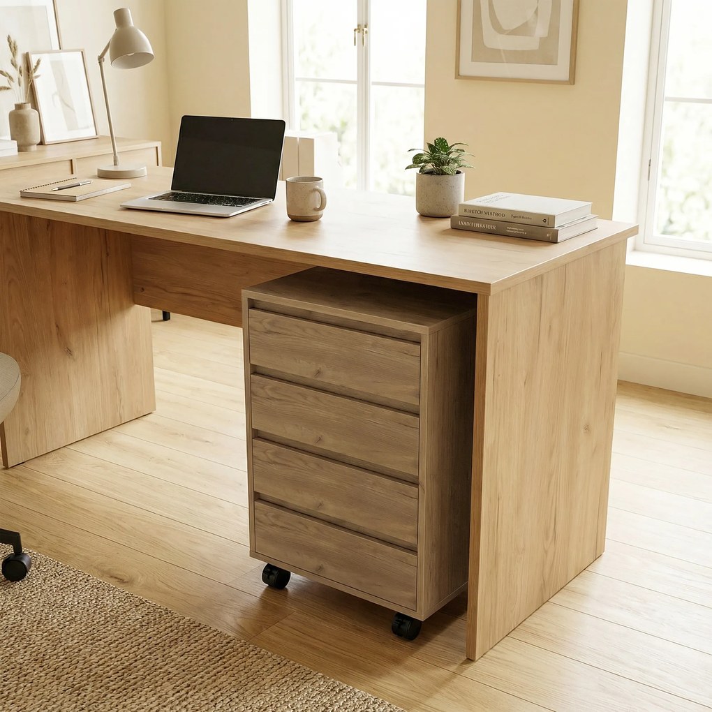 HOMCOM Sertarier de birou cu 4 sertare, cu roți pentru birou 46x40x65 cm Maro | Aosom Romania