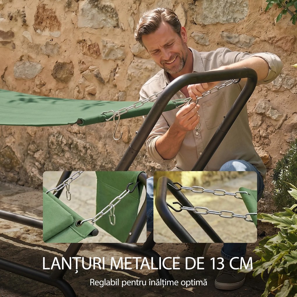 Outsunny Hamac de Exterior cu Suport, Hamac Autoportant cu Buzunar Lateral, Tetieră și Structură din Metal, Capacitate 150 kg pentru Grădină, Balcon, Terasă, 237 x 90 x 92 cm, Verde Închis | Aosom Romania