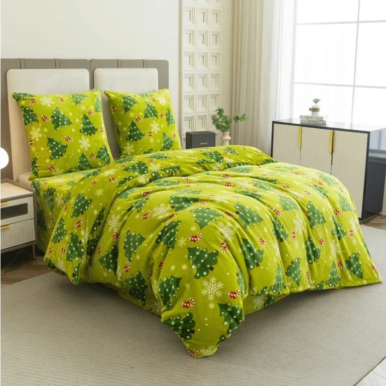 Set Lenjerie cocolino CHRISTMAS TREE verde + Cearsaf Cocolino microplus cu elastic SOFT 90x200 cm alb, pat de o persoana