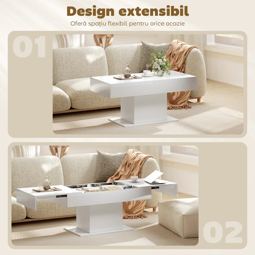 HOMCOM Măsuță de Cafea Extensibilă cu Compartiment, Măsuță de Sufragerie Modernă cu Picioare Antiderapante, Măsuță de Living pentru Acasă Birou, 108-178,5x53x49 cm, Alb Lucios | Aosom Romania