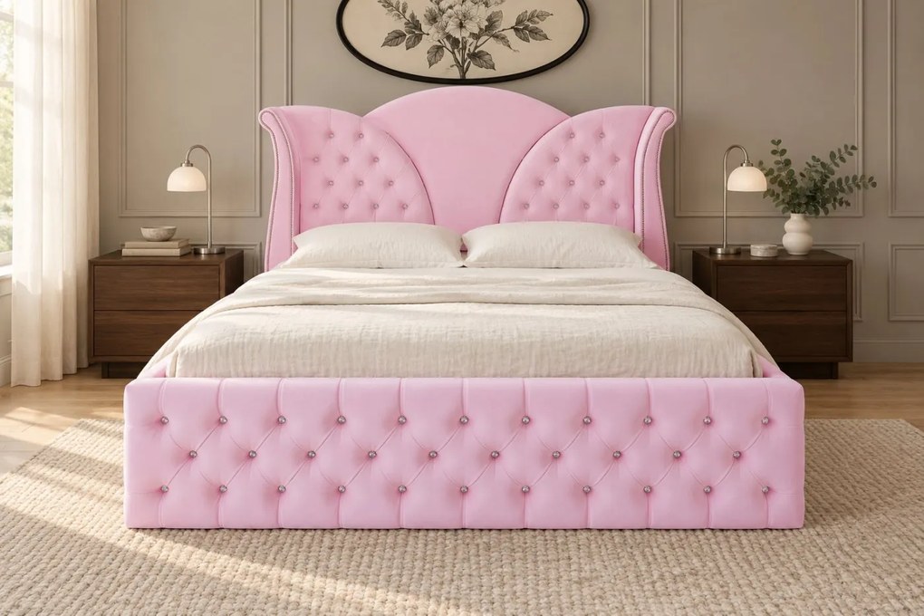 Pat tapițat Chesterfield din catifea Velora Deluxe 140×200 cm, roz, cu ladă de depozitare