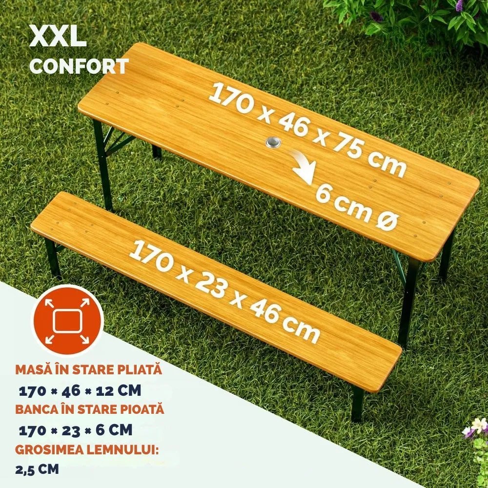 Set de masă pentru bere KLASIK, 170cm, maro natural Casaria