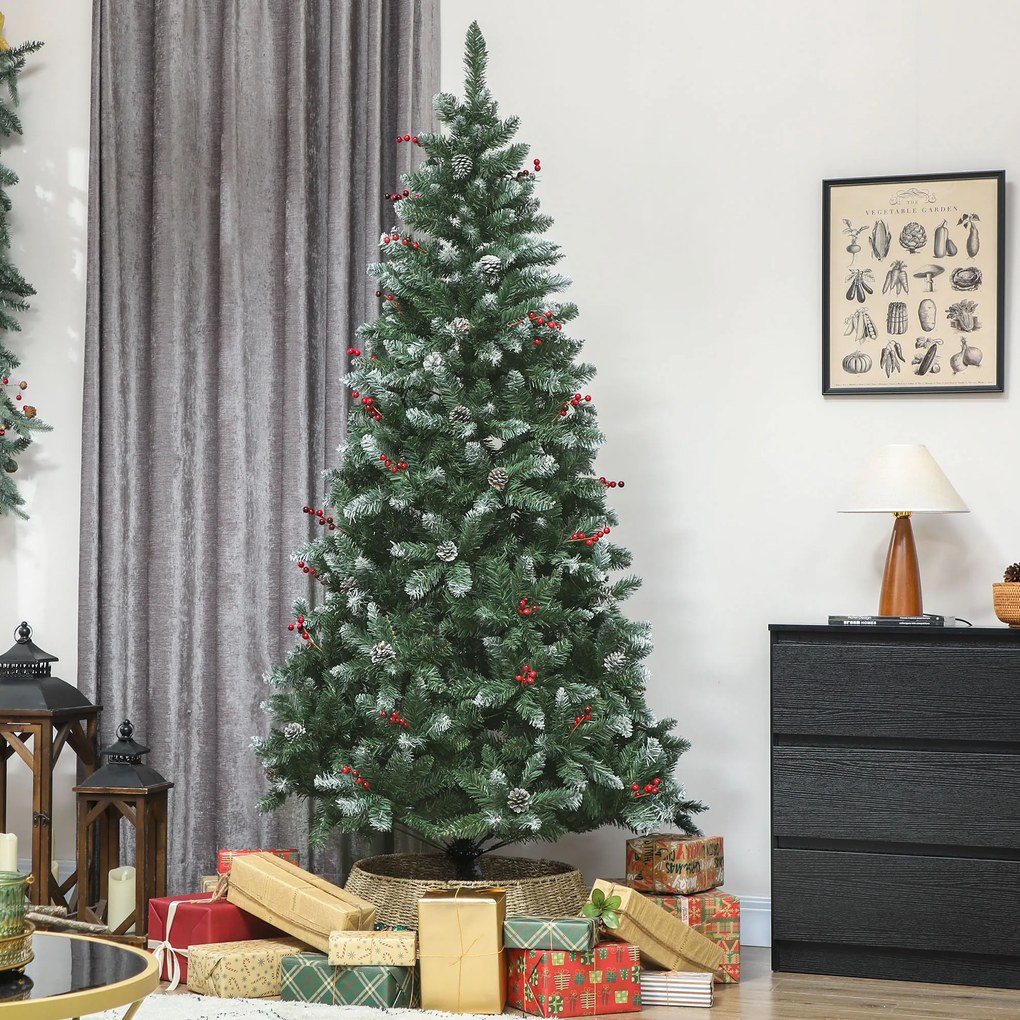 HOMCOM Brad de Crăciun Înalt de 210 cm cu 928 de Ramuri, Brad Artificial de Interior cu Conuri și Boabe Roșii Decorative, Bază Metalică, Verde | Aosom Romania