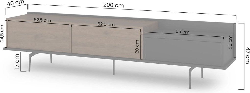 Comodă TV Zenar 200 cm cu picioare metalice și sertar - nuc elegant / negru
