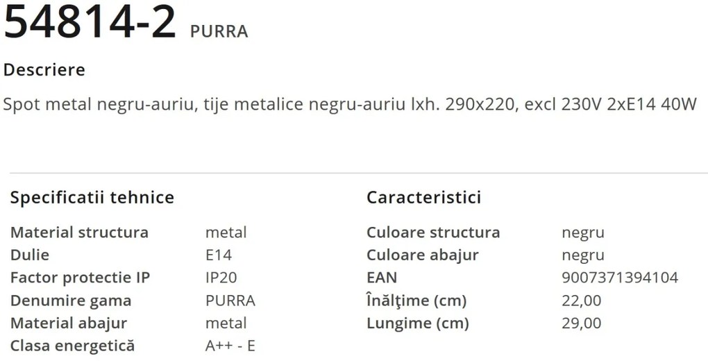 Plafoniera moderna metalica negru-aurie PURRA 2L 54814-2 GL