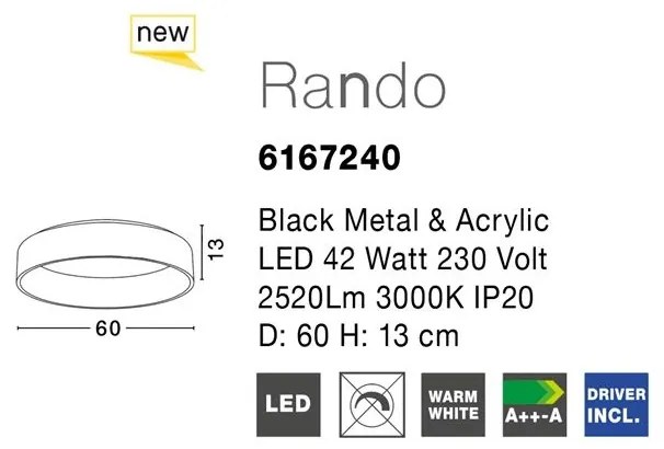 Lustra moderna aplicata LED 3000K 60cm RANDO negru NVL-6167240